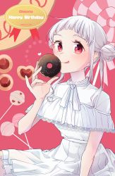 Rule 34 | 1girl, :p, absurdres, arashi chisato, artist name, artist request, blush, bow, bowtie, breasts, candy, double bun, dress, female focus, food, frilled dress, frills, hair bun, hair tie, highres, holding, holding food, lollipop, long hair, looking at viewer, love live!, love live! superstar!!, miniskirt, nail, nail polish, parted lips, pink nails, pink nails, plaid, plaid dress, plaid skirt, pleated, pleated dress, pleated skirt, red eyes, short sleeves, skirt, small breasts, smile, solo, sprinkles, tongue, tongue out, white bow, white dress, white hair, white skirt