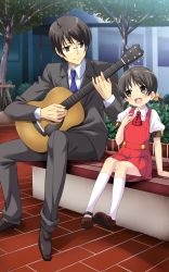 Rule 34 | 1boy, 1girl, :d, acoustic guitar, age difference, ascot, black eyes, black hair, blush, brown eyes, buttons, child, collar, collared shirt, cuffs, dress, duet, eye contact, eyebrows, eyelashes, fingernails, formal, glasses, guitar, hair bobbles, hair ornament, hand on own chest, highres, hiyama kiyoteru, instrument, kaai yuki, long sleeves, looking at another, low twintails, mary janes, music, necktie, official art, open mouth, outdoors, pants, pinafore dress, plaid, playing instrument, promotional art, puffy short sleeves, puffy sleeves, sanpaku, shirt, shoes, short hair, short sleeves, singing, sitting, sleeve cuffs, sleeveless dress, smile, socks, suit, teacher and student, teeth, tree, twintails, umetani tarou, vocaloid
