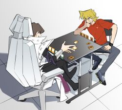 Rule 34 | 2boys, alternate costume, black footwear, black pants, black shirt, blonde hair, blush, brown hair, card, coat, commentary, covering own mouth, cuffs, day, elbow rest, english commentary, facing away, full body, hair over eyes, hand on own leg, hand over own mouth, hand up, highres, indoors, jonouchi katsuya, kaiba seto, leaning forward, long sleeves, looking down, male focus, multiple boys, nervous, nervous sweating, on chair, open mouth, pants, playing card, red shirt, shirt, shoes, short hair, single wrist cuff, sitting, sleeveless, sleeveless coat, smile, sneakers, sweat, sweatdrop, t-shirt, table, teeth, thinking, tile floor, tiles, trading card, two-sided coat, two-sided fabric, upper teeth only, vambraces, white coat, wrist cuffs, yitiaodahe71, yu-gi-oh!, yu-gi-oh! duel monsters