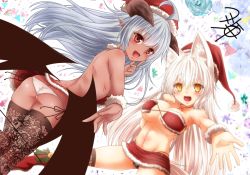 Rule 34 | 2girls, :d, ahoge, animal ear fluff, animal ears, ass, backless dress, backless outfit, bare shoulders, blush, boots, breasts, christmas, commentary request, dark-skinned female, dark skin, demon horns, dress, fox ears, fox tail, from behind, fur trim, hat, horns, knee boots, kohaku (yua), large breasts, long hair, looking at viewer, multiple girls, open mouth, orange eyes, original, outstretched arm, panties, pointy ears, pom pom (clothes), red eyes, riel (yua), santa boots, santa hat, side-tie panties, signature, skirt, slit pupils, smile, tail, underwear, very long hair, white hair, white panties, wings, yua (checkmate)
