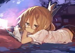 Rule 34 | 1girl, absurdres, bed, black skirt, brown eyes, brown hair, child, closed mouth, commentary, folded ponytail, glasses, hair between eyes, highres, inazuma (kancolle), kaamin (mariarose753), kantai collection, long hair, lying, on stomach, pillow, reading, shirt, skirt, white shirt