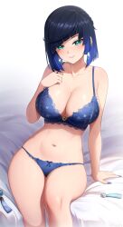 Rule 34 | 1girl, absurdres, arm support, bed, bed sheet, blue bra, blue hair, blue panties, blush, bow, bow bra, bra, breasts, collarbone, commentary, earrings, english commentary, genshin impact, green eyes, grin, hand on own chest, highres, jewelry, large breasts, looking at viewer, nail polish, navel, panties, short hair, sitting, smile, solo, thighs, underwear, vision (genshin impact), yelan (genshin impact), yisusjpl