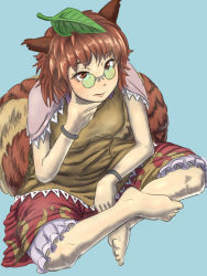 Rule 34 | 1girl, animal ears, armlet, bracelet, breasts, brown eyes, brown hair, brown shirt, crossed legs, feet, frilled sleeves, frills, full body, futatsuiwa mamizou, glasses, hand on own chin, highres, jewelry, leaf, leaf on head, looking at viewer, medium breasts, pince-nez, raccoon ears, raccoon tail, red skirt, shirt, short hair, sitting, skirt, stroking own chin, tail, thinking, totsuki19, touhou