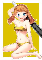 Rule 34 | 1girl, absurdres, alternate costume, animal print, arm up, bad id, bad pixiv id, barefoot, blue eyes, blush, border, bra, breasts, brown hair, cleavage, club, club (weapon), collarbone, creatures (company), fang, feet, female focus, full body, game freak, highres, holding, holding weapon, horns, kanabou, looking at viewer, may (pokemon), medium breasts, navel, nintendo, oni, oni horns, open mouth, outline, panties, pokemon, pokemon rse, shiny skin, simple background, sitting, smile, solo, standing, strapless, tiger print, underwear, underwear only, weapon, white border, yellow background, yellow bra, yellow panties, yuihico