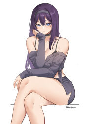 Rule 34 | 1girl, bare legs, bare shoulders, black choker, blue eyes, character request, choker, copyright request, crossed legs, feet out of frame, grey hairband, grey shirt, hairband, highres, long hair, long sleeves, looking at viewer, midriff, off shoulder, pinepin, purple hair, shirt, simple background, sitting, solo, thighs, tied shirt, very long hair, white background