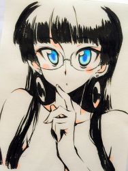 Rule 34 | 1girl, bare shoulders, blue eyes, earrings, glasses, highres, jewelry, kagaminomachi no kaguya, kaguya (kagaminomachi no kaguya), kusanagi tonbo, long hair, out-of-frame censoring, solo, traditional media