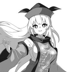 Rule 34 | 1girl, breasts, constellation print, greyscale, hat, high-waist skirt, large breasts, long hair, looking at viewer, matara okina, monochrome, onkn sxkn, open mouth, simple background, skirt, smile, solo, tabard, touhou, upper body, white background, wide sleeves