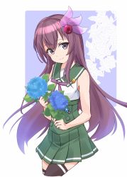 Rule 34 | 1girl, adapted costume, black thighhighs, bouquet, brown hair, commentary request, crescent, crescent pin, flower, green sailor collar, green skirt, highres, kantai collection, kisaragi (kancolle), kisaragi kai ni (kancolle), long hair, looking at viewer, minosu, original remodel (kantai collection), pleated skirt, purple eyes, sailor collar, school uniform, serafuku, shirt, skirt, sleeveless, sleeveless shirt, solo, thighhighs