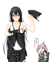 Rule 34 | &gt;:d, 10s, 2girls, 3:, :d, belt, blush, breasts, cleavage, covering privates, covering breasts, female admiral (kancolle), hair bobbles, hair ornament, hat, unworn hat, unworn headwear, highres, holding, holding clothes, holding hat, kantai collection, large breasts, long hair, military, military uniform, multiple girls, naval uniform, navel, niwatazumi, open fly, open mouth, peaked cap, personification, sazanami (kancolle), school uniform, serafuku, smile, tatebayashi sakurako, tears, torn clothes, translation request, twintails, uniform, unzipped, v-shaped eyebrows, | |, || ||