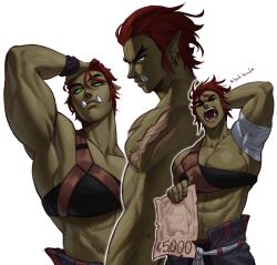 Rule 34 | 1girl, abs, absurdres, among us, arm behind head, armor, bandaged arm, bandages, breastplate, breasts, cleavage, colored skin, crewmate (among us), female orc, green eyes, green skin, highres, holding, holding paper, large breasts, looking at viewer, midriff, multiple views, muscular, muscular female, open mouth, orc, original, paper, red hair, short hair, simple background, sotcho, tusks, wanted, white background