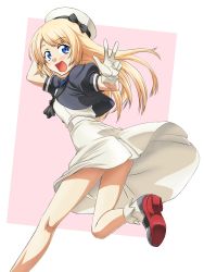Rule 34 | 1girl, absurdres, akito (sub707), blonde hair, blue eyes, blue sailor collar, dress, from behind, full body, gloves, hat, highres, jervis (kancolle), kantai collection, kneepits, long hair, looking at viewer, looking back, open mouth, running, sailor collar, sailor dress, short sleeves, smile, solo, two-tone background, white dress, white gloves, white hat