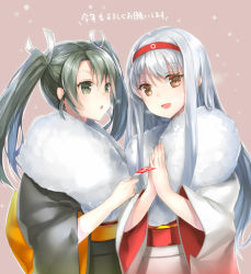 Rule 34 | 10s, 2girls, :d, bad id, bad pixiv id, black hair, brown eyes, chestnut mouth, green eyes, green hair, hairband, japanese clothes, kantai collection, kotoyoro, long hair, looking at viewer, multiple girls, new year, open mouth, own hands together, sakuyosi, shoukaku (kancolle), silver hair, smile, translated, twintails, zuikaku (kancolle)