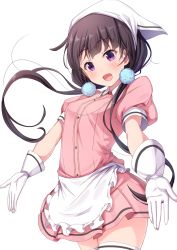 Rule 34 | 1girl, blend s, blush, breasts, gloves, head scarf, long hair, looking at viewer, low twintails, matokechi, open mouth, purple eyes, sakuranomiya maika, short sleeves, small breasts, smile, solo, stile uniform, thighhighs, twintails, waitress, white gloves, white thighhighs