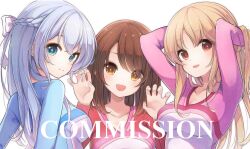 3girls :d arms_behind_head arms_up athletic_leotard blonde_hair blue_eyes bow braid breasts brown_eyes brown_hair closed_mouth commission copyright_request grey_hair hair_between_eyes hair_bow leotard long_hair medium_breasts multiple_girls open_mouth simple_background skeb_commission smile upper_body very_long_hair watermark white_background white_bow white_leotard yonema