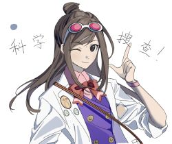 Rule 34 | 1girl, ;), ace attorney, arm at side, blue vest, bow, bowtie, brown hair, buttons, closed mouth, coat, collared shirt, commentary request, double-breasted, ema skye, ema skye (aa1), eyewear on head, green eyes, hand up, highres, lapels, looking at viewer, name tag, one eye closed, open clothes, open coat, phoenix wright: ace attorney, pink-tinted eyewear, pink shirt, pink wristband, pointing, pointing up, red bow, red bowtie, shirt, shoulder strap, sidelocks, simple background, sleeves rolled up, smile, solo, swept bangs, tinted eyewear, topknot, ultimatemoyuera9, upper body, vest, white-framed eyewear, white background, white coat