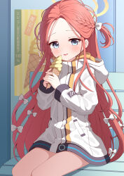 Rule 34 | 1girl, azel (laevateinn495), blue archive, blue eyes, blush, bow, braid, feet out of frame, food, hair bow, halo, highres, holding, holding food, hood, hooded jacket, ice cream, jacket, long hair, long sleeves, looking at viewer, on bench, red hair, sitting, solo, tongue, tongue out, translation request, white bow, white jacket, yellow halo, yuzu (blue archive)