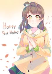 Rule 34 | 1girl, artist name, artist request, blush, bow, brown eyes, brown hair, bulkobon, buttons, female focus, green shorts, green skirt, hood, hooded jacket, hoodie, jacket, light brown hair, long hair, love live!, love live! school idol festival, love live! school idol project, minami kotori, own hands together, shirt, shorts, side ponytail, skirt, smile, solo, white bow, yellow jacket, yellow shirt