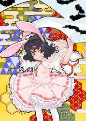 Rule 34 | 1girl, animal ears, black hair, blush, capelet, carrot necklace, commentary request, dress, egasumi, feet out of frame, flat chest, frilled dress, frills, fringe trim, fufuyomumusu, grin, highres, honeycomb (pattern), inaba tewi, jewelry, looking at viewer, medium hair, necklace, pantyhose, pink dress, rabbit ears, rabbit girl, red eyes, ribbon-trimmed dress, smile, solo, touhou, wavy hair, white capelet, white pantyhose, yellow background