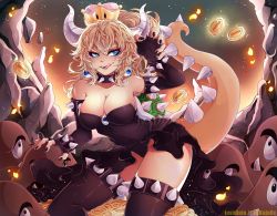 Rule 34 | 1girl, absurdres, armlet, bare shoulders, black collar, black dress, black gloves, blonde hair, blue eyes, blush, bowsette, bracelet, breasts, chest jewel, cleavage, coins, collar, collarbone, crown, dress, earrings, elbow gloves, fingerless gloves, gloves, hair between eyes, hand up, highres, horns, jewelry, large breasts, long hair, looking at viewer, mario (series), monster girl, neck, new super mario bros. u deluxe, nintendo, pointy ears, solo, spiked armlet, spiked bracelet, spiked collar, spiked shell, spikes, strapless, strapless dress, super crown, thighhighs, turtle shell, white horns