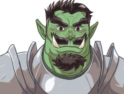 Rule 34 | 1boy, adam&#039;s apple, armor, bara, beard, colored skin, facial hair, forked eyebrows, goatee, green skin, huge eyebrows, male focus, mature male, monster boy, mustache, orc, original, paid reward available, plate armor, portrait, short hair, simple background, solo, thick beard, thick mustache, thick neck, tusks, white background, zettoken