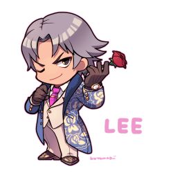 Rule 34 | 1boy, black eyes, black gloves, blue coat, brown footwear, character name, closed mouth, coat, collared shirt, dress shoes, flower, full body, gloves, highres, holding, holding flower, jacket, kotorai, lee chaolan, long sleeves, male focus, necktie, no nose, one eye closed, pants, pink necktie, purple eyes, red flower, shirt, short hair, signature, smile, solo, tekken, tie clip, watch, white background, white jacket, white pants, white shirt, wristwatch