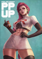 Rule 34 | 1girl, abs, absurdres, alternate hairstyle, black gloves, black thighhighs, blue eyes, bottle, cowboy shot, creatures (company), crop top, earrings, elbow gloves, english text, game freak, gloves, hand on own hip, high collar, highres, holding, holding bottle, jessie (pokemon), jewelry, looking at viewer, midriff, monori rogue, navel, nintendo, parted lips, pearl earrings, pink hair, pokemon, pokemon (anime), skirt, solo, stomach, team rocket, team rocket uniform, thighhighs, thighs, toned, white skirt