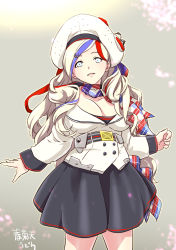 Rule 34 | 1girl, anchor hair ornament, artist name, belt, beret, blonde hair, blue hair, breasts, buttons, cleavage, commandant teste (kancolle), double-breasted, dress, hair ornament, hat, jacket, kantai collection, large breasts, multicolored clothes, multicolored hair, open mouth, pom pom (clothes), red hair, scarf, shungikuten, smile, solo, streaked hair, wavy hair, white hair