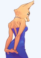 Rule 34 | 1girl, animal ears, animal nose, ass, back, back focus, back slit, bare shoulders, blue background, blue dress, body fur, bracelet, breasts, commentary, diane foxington, dress, fox ears, fox girl, from behind, furry, furry female, gradient background, grey background, grin, highres, jewelry, ju neng binggui, medium breasts, necklace, no bra, orange fur, orange hair, short hair, shoulder blades, sideboob, skindentation, smile, snout, solo, strapless, strapless dress, teeth, the bad guys (film), thick eyebrows
