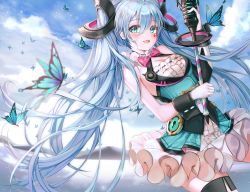 Rule 34 | 1girl, blue hair, bow, bowtie, bug, buri (retty9349), butterfly, cloud, floating hair, gloves, green eyes, has bad revision, has downscaled revision, hatsune miku, highres, insect, long hair, looking at viewer, magical mirai (vocaloid), magical mirai miku, magical mirai miku (2019), md5 mismatch, microphone, open mouth, outdoors, resolution mismatch, skirt, sky, solo, source smaller, thighhighs, twintails, very long hair, vocaloid, white gloves