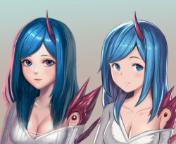 Rule 34 | 1girl, blue eyes, blue hair, braid, breasts, cleavage, closed mouth, collarbone, demon girl, french braid, gem, gradient background, green background, horns, light smile, long hair, looking at viewer, medium breasts, moonandmist, off shoulder, oni horns, original, parted bangs, ribbed sweater, shiny skin, short hair, shoulder spikes, sidelocks, single bare shoulder, single horn, smile, spikes, striped, sweater, upper body, v-neck, variations, white sweater
