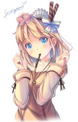 Rule 34 | 1girl, artist name, blonde hair, blue eyes, blush, bow, flower, food, food in mouth, fur collar, fur trim, hair bow, hair flower, hair ornament, twirling hair, hand in own hair, head tilt, highres, jewelry, long sleeves, looking at viewer, necklace, original, pocky, short hair, signature, solo, soraizumi, upper body, w arms, white background