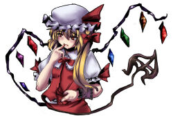 Rule 34 | 1girl, blonde hair, blood, blood from mouth, blood on face, blood on hands, buttons, collared shirt, cropped torso, flandre scarlet, frilled shirt collar, frilled sleeves, frills, hair between eyes, hat, laevatein (touhou), long hair, magukappu, mob cap, multicolored wings, one side up, puffy short sleeves, puffy sleeves, red eyes, red skirt, red vest, shirt, short sleeves, simple background, skirt, solo, touhou, upper body, vest, white background, white hat, white shirt, wings