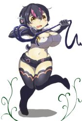 Rule 34 | 1girl, black hair, black thighhighs, blush, breasts, brown eyes, denim, denim shorts, etrian odyssey, gloves, hair over one eye, holding, holding whip, huge breasts, humboldt penguin (kemono friends), kemono friends, looking at viewer, midriff, multicolored hair, navel, o seki 1 0b, open mouth, parody request, pink hair, short hair, shorts, simple background, tail, thighhighs, underboob