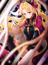 Rule 34 | 1girl, black thighhighs, blonde hair, breasts, cage, cloak, closed mouth, earrings, ereshkigal (fate), expressionless, fate/grand order, fate (series), hair ribbon, highres, jewelry, large breasts, long hair, looking at viewer, over-kneehighs, pot-palm, red eyes, red ribbon, ribbon, solo, thighhighs, twintails, two side up