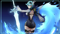 Rule 34 | 1girl, absurdres, ass, bare back, belt, black gloves, black leotard, black thighhighs, blue hair, cape, commentary, english commentary, eula (genshin impact), from side, genshin impact, gloves, grey eyes, hair between eyes, hair ornament, hairband, highres, holding, holding sword, holding weapon, ice crystal, kamilisme, leotard, long hair, long sleeves, looking at viewer, looking back, outstretched arms, sidelocks, simple background, solo, spread arms, sword, thighhighs, weapon, zettai ryouiki