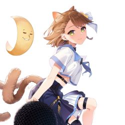 Rule 34 | 1girl, absurdres, animal ear fluff, animal ears, black thighhighs, blue sailor collar, blue skirt, braid, brown hair, cat ears, cat girl, cat tail, closed eyes, closed mouth, commentary, commission, crescent, earrings, feet out of frame, green eyes, highres, jewelry, looking at viewer, looking to the side, medium skirt, microphone, mini person, minigirl, multiple tails, original, pixiv commission, pointy ears, sailor collar, school uniform, serafuku, shikaemon, shirt, short sleeves, simple background, single thighhigh, skirt, smile, solo, tail, thighhighs, two tails, white background, white shirt