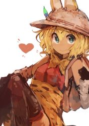 Rule 34 | 10s, 1girl, absurdres, animal ears, bag, blonde hair, closed mouth, commentary, detached sleeves, ears through headwear, fake animal ears, fusion, green eyes, hat, hat feather, heart, highres, kaamin (mariarose753), kaban (kemono friends), kemono friends, knees up, serval (kemono friends), serval print, short hair, simple background, smile, solo, thighhighs, torn clothes, torn hat, white background