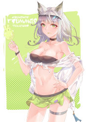 Rule 34 | 1girl, absurdres, animal ears, arknights, bandeau, bare shoulders, black choker, breasts, cat ears, choker, cleavage, collarbone, commentary request, cowboy shot, eyewear on head, green eyes, green skirt, groin, hand on own hip, hand up, highres, innoarukugyou, kal&#039;tsit (arknights), large breasts, looking at viewer, microskirt, midriff, navel, off shoulder, short hair, skirt, solo, standing, stomach, strapless, sunglasses, thigh strap, thighs, tube top, white hair