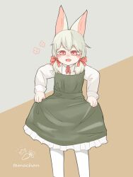 Rule 34 | 1girl, absurdres, animal ears, brown background, dress, feet out of frame, feiren zai, frilled dress, frills, goose g3, green dress, hair ribbon, highres, holding, holding clothes, holding dress, long hair, long sleeves, looking at viewer, neck ribbon, open mouth, pantyhose, rabbit ears, rabbit girl, red eyes, red ribbon, ribbon, solo, white hair, white pantyhose, xiaoyu (fei ren zai)