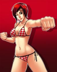 Rule 34 | 1girl, bandaid, bikini, breasts, brown eyes, checkered bikini, checkered clothes, cleavage, clenched hands, dead or alive, dead or alive 5, green (g1138), greenmarine, large breasts, lips, mila (doa), one eye closed, punching, red hair, short hair, side-tie bikini bottom, sideboob, solo, swimsuit, tecmo, underboob, wink