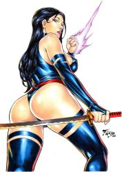 Rule 34 | 1girl, artist request, ass, between buttocks, black hair, blue leotard, breasts, curvy, energy sword, highleg, highleg leotard, highres, holding, holding sword, holding weapon, huge ass, katana, large breasts, legs apart, leotard, lips, long hair, looking at viewer, looking back, marvel, painting (medium), psylocke, red sash, revealing clothes, sash, shiny clothes, shiny skin, skindentation, smile, solo, standing, sword, thong leotard, traditional media, very long hair, weapon, wide hips, x-men