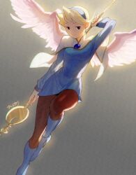 Rule 34 | 1girl, arm behind head, artist name, blonde hair, blue dress, blue footwear, blue hairband, boots, breasts, breath of fire, breath of fire iv, brown leggings, capelet, chest jewel, dress, feathered wings, flying, full body, grey background, hairband, highres, holding, holding staff, knee boots, leggings, light smile, long sleeves, looking at viewer, medium breasts, nanpou (nanpou0021), nina (breath of fire iv), short dress, short hair, solo, staff, weapon behind back, white capelet, wings
