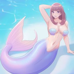 Rule 34 | 1girl, absurdres, arm behind head, blunt bangs, breasts, brown hair, cleavage, collarbone, commentary request, earrings, full body, hair ornament, highres, jewelry, kiria021, large breasts, lying, mermaid, monster girl, navel, on side, open mouth, original, pearl earrings, purple eyes, scales, shell, shell bikini, shiny skin, smile, solo, star (symbol), star hair ornament, swimsuit, teeth, water