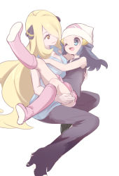 Rule 34 | 2girls, age difference, bare shoulders, beanie, black footwear, black pants, black shirt, blonde hair, blue eyes, blue hair, blue shirt, blush, boots, child, chorimokki, creatures (company), cynthia (pokemon), dawn (pokemon), eye contact, female focus, full body, game freak, hair ornament, hair over one eye, hairclip, happy, hat, high heels, knee boots, leg up, long hair, looking at another, matching hair/eyes, multiple girls, nintendo, one eye closed, onee-loli, open mouth, pants, pink footwear, pink skirt, poke ball symbol, poke ball theme, pokemon, pokemon dppt, shirt, shoes, simple background, sitting, sitting on lap, sitting on person, skirt, sleeveless, sleeveless shirt, smile, very long hair, white background, white hat, wink, yellow eyes