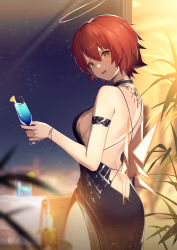 Rule 34 | 1girl, absurdres, arknights, backless dress, backless outfit, black dress, blue nails, breasts, candle, cup, detached wings, dress, drinking glass, exusiai (arknights), female focus, halo, highres, holding, holding cup, jiusan naitang, looking at viewer, looking to the side, medium breasts, nail polish, night, open mouth, plant, red hair, short hair, sideboob, smile, solo, standing, wings, yellow eyes