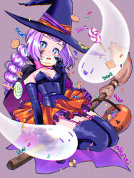 1girl black_cape black_gloves black_hat black_thighhighs black_tube_top blue_eyes braid breasts broom broom_riding candy cape donut eating elbow_gloves floating food full_body garter_straps gloves grey_background halloween hat highres holding holding_food jack-o&#039;-lantern lollipop long_hair looking_ahead meranoreuka_(pandapaca) miniskirt orange_skirt original pleated_skirt purple_hair short_bangs simple_background skirt small_breasts solo strapless swirl_lollipop thighhighs tube_top twin_braids witch witch_hat