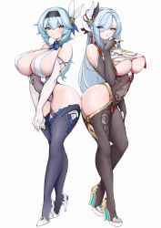 Rule 34 | 2girls, absurdres, alternate breast size, areola slip, bare shoulders, blue eyes, blue hair, breast curtains, breasts, brown eyes, cleavage, clothing cutout, crossed legs, curvy, eula (genshin impact), full body, genshin impact, gloves, grin, hair over one eye, high heels, highres, hip vent, huge breasts, lamsass, long hair, looking at viewer, multiple girls, partially fingerless gloves, revealing clothes, shenhe (genshin impact), shoulder cutout, simple background, smile, thighhighs, thighs, underboob, v arms, watson cross, white background, white gloves, wide hips