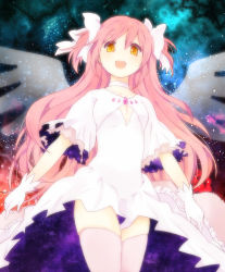 Rule 34 | 10s, 1girl, :d, breasts, cleavage, dress, frilled sleeves, frills, gloves, glowing, hair ribbon, highres, kaname madoka, long hair, mahou shoujo madoka magica, mahou shoujo madoka magica (anime), nebula, nori senbei, open mouth, orange eyes, pink hair, pink thighhighs, ribbon, short twintails, small breasts, smile, solo, space, star (sky), thighhighs, twintails, two side up, ultimate madoka, white dress, white gloves, white ribbon, wings, zettai ryouiki