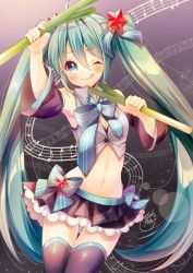 Rule 34 | 1girl, ;q, ahoge, arm up, bare shoulders, beamed eighth notes, black skirt, black thighhighs, blue bow, blue eyes, blue ribbon, blush, bow, closed mouth, collared shirt, commentary request, detached sleeves, eighth note, fingernails, food, green hair, grey shirt, hair between eyes, hair ornament, hair ribbon, hand up, hatsune miku, highres, holding, holding food, long hair, long sleeves, midriff, miniskirt, musical note, navel, one eye closed, partial commentary, pk (mukasihasakana), pleated skirt, quarter note, ribbon, sheet music, shirt, signature, skirt, sleeveless, sleeveless shirt, smile, solo, spring onion, star (symbol), star hair ornament, striped bow, striped ribbon, thighhighs, tongue, tongue out, twintails, very long hair, vocaloid, wide sleeves