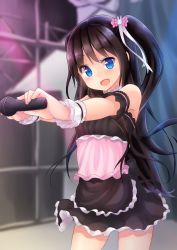 Rule 34 | 1girl, :d, binsen, black hair, blue eyes, blush, borrowed character, denpa (kazuharu), dress, hair ornament, highres, holding, long hair, looking at viewer, microphone, open mouth, original, outstretched arm, side ponytail, smile, solo, wrist cuffs